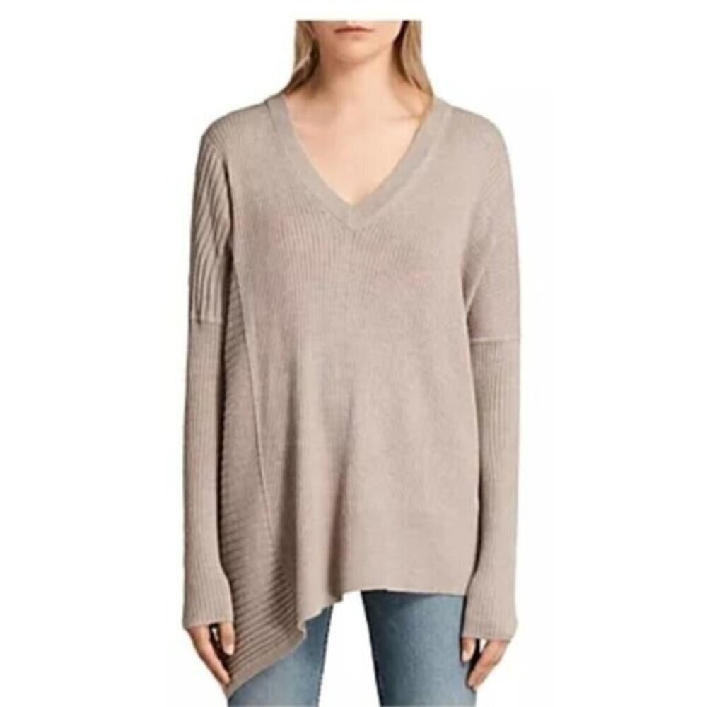 Allsaints Keld Olivo V Neck Ribbed Wool Blend Sweater - XS/S, OVERSIZED! 🇨🇳